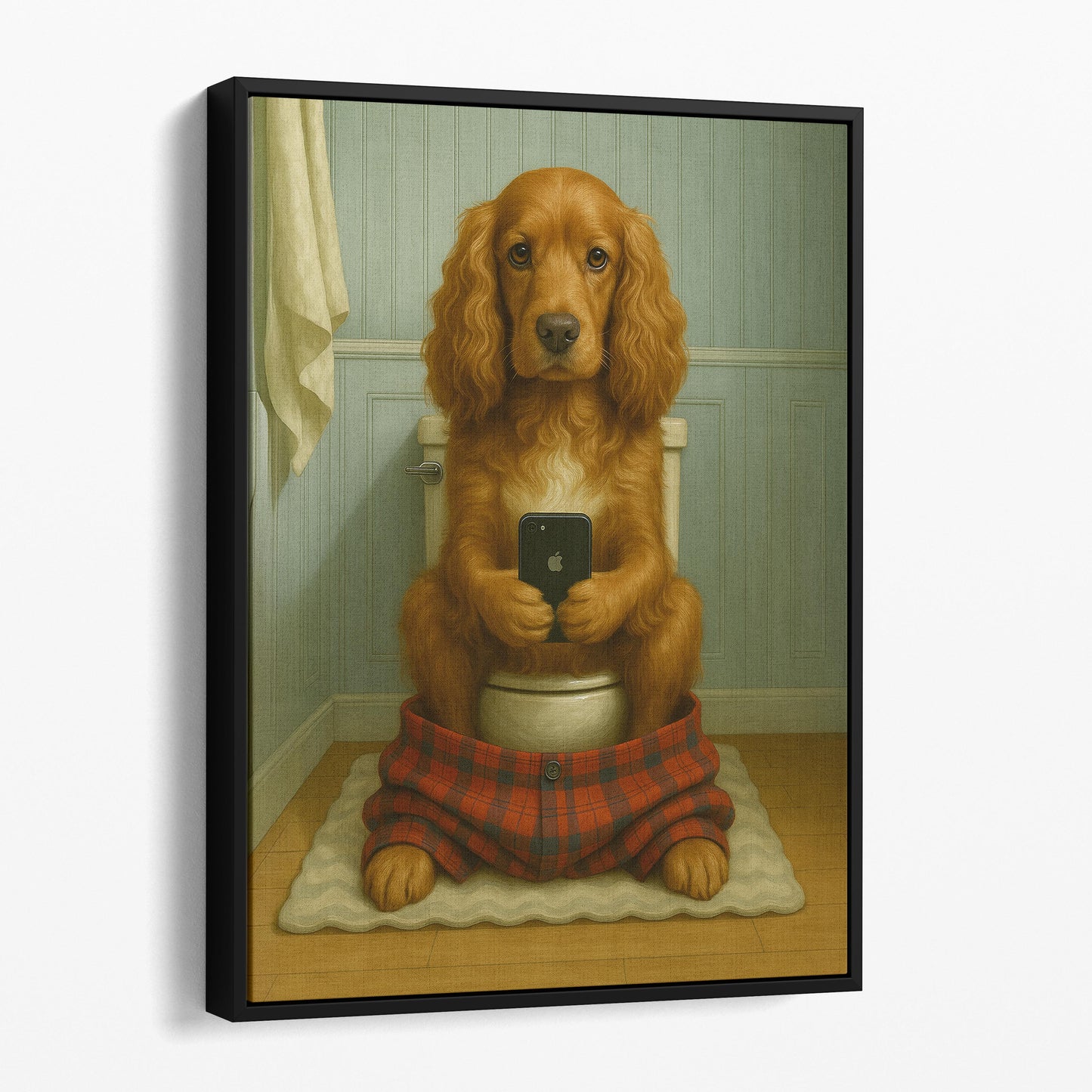 Cocker Spaniel Dog On The Phone On The Toilet