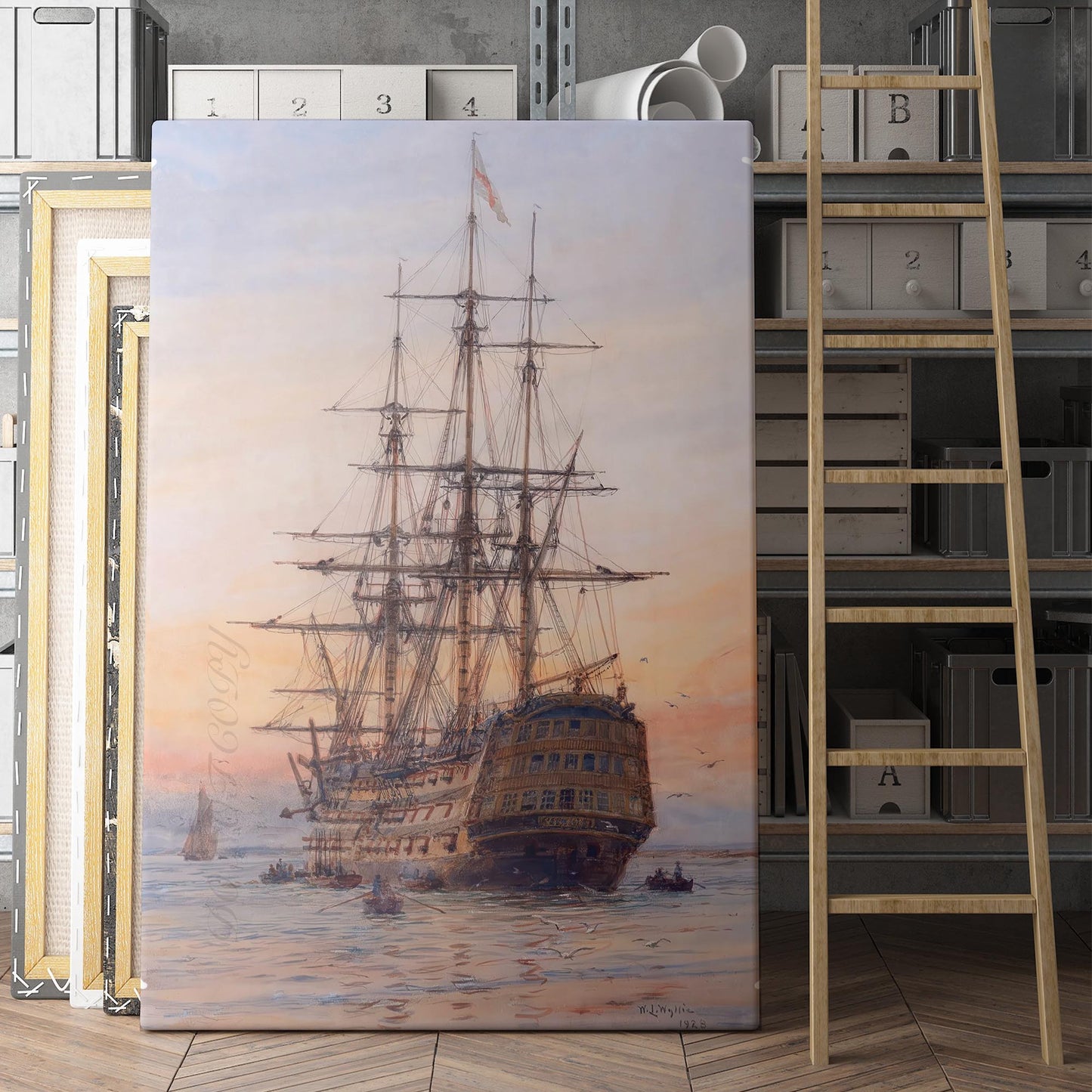 HMS Victory at Sunset Painting by William Lionel Wyllie
