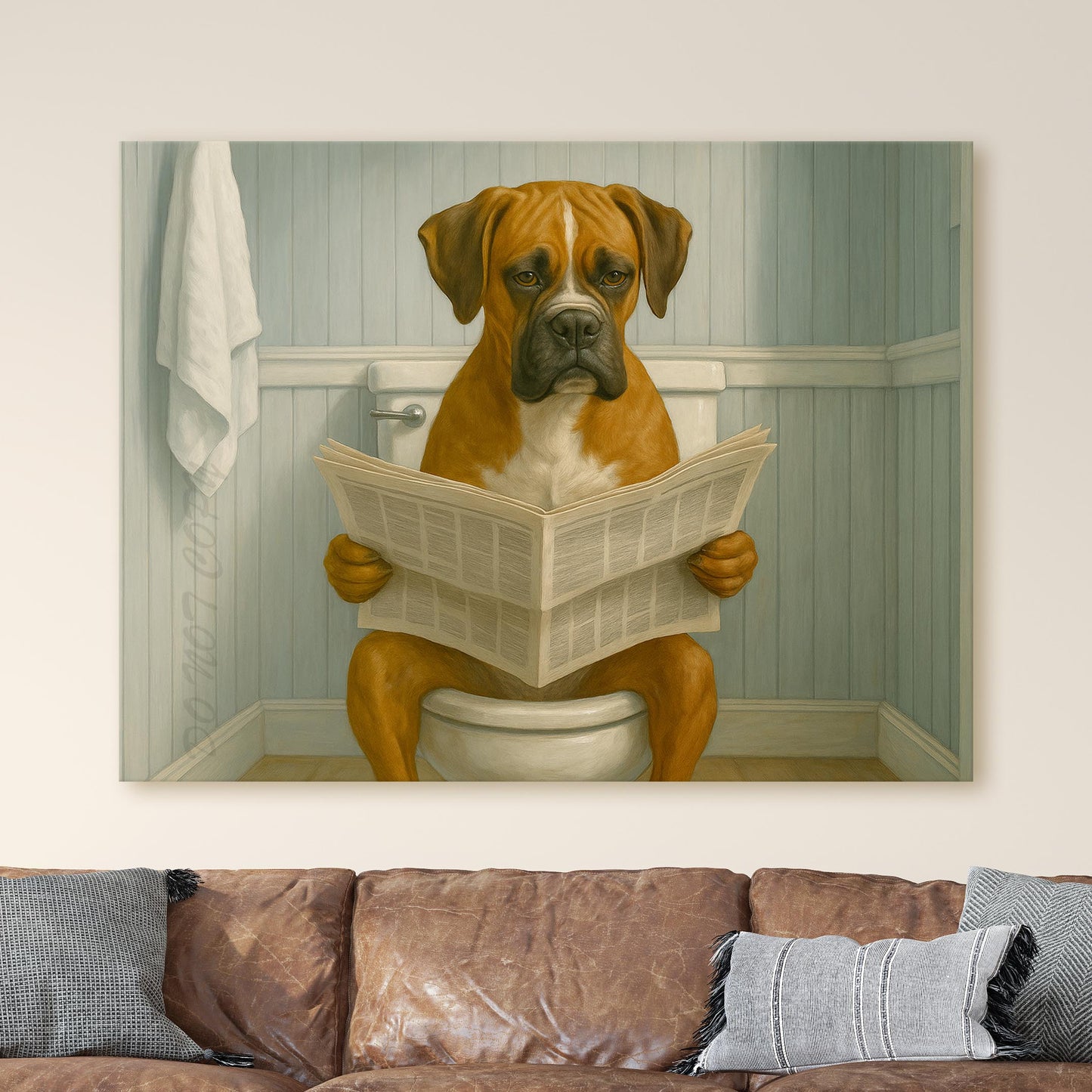 Boxer Dog Reading The Newspaper On The Toilet