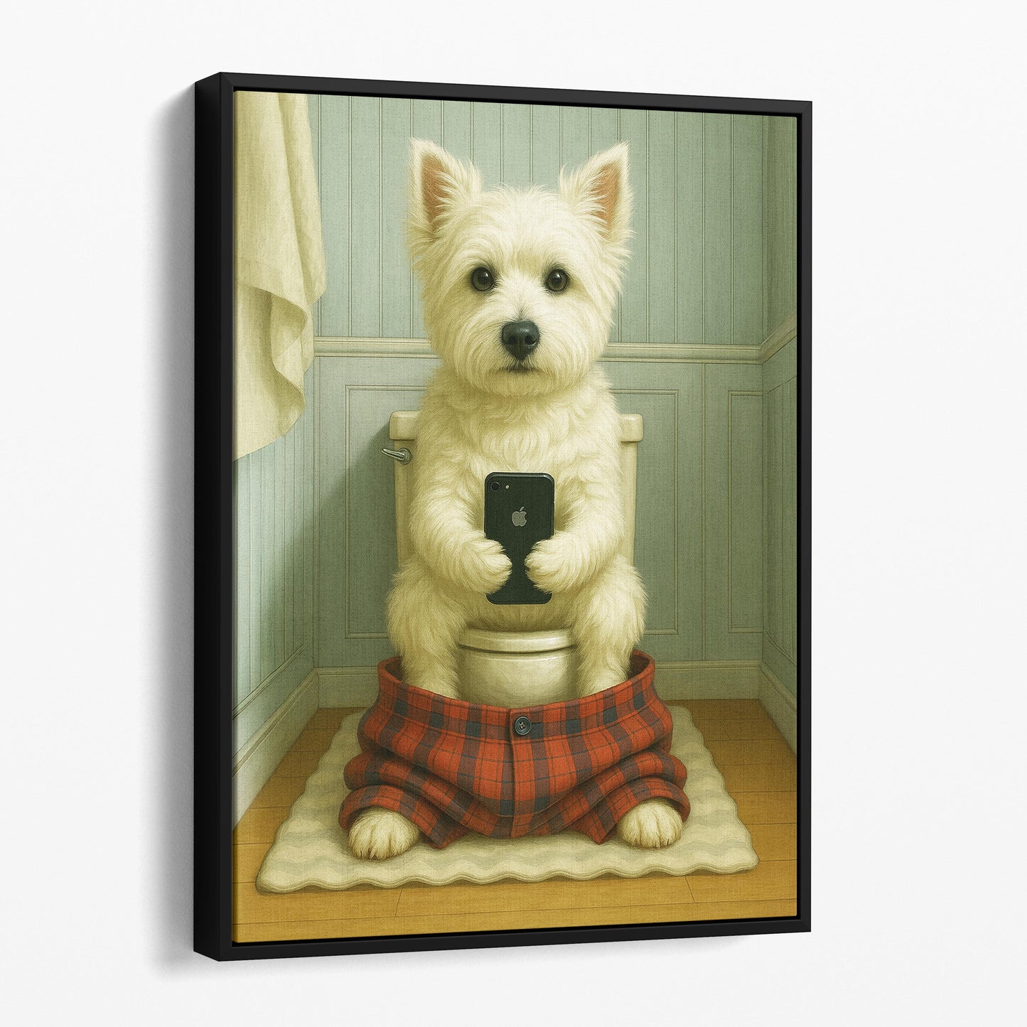 West Highland White Terrier Dog On The Phone On The Toilet