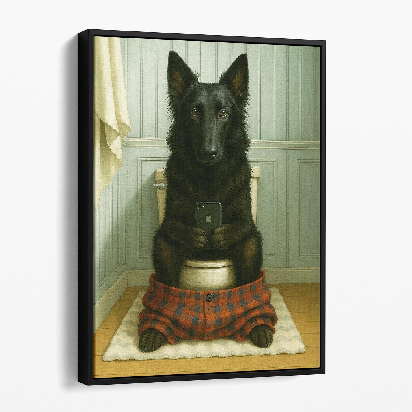 Belgian Shepherd Dog On The Phone On The Toilet