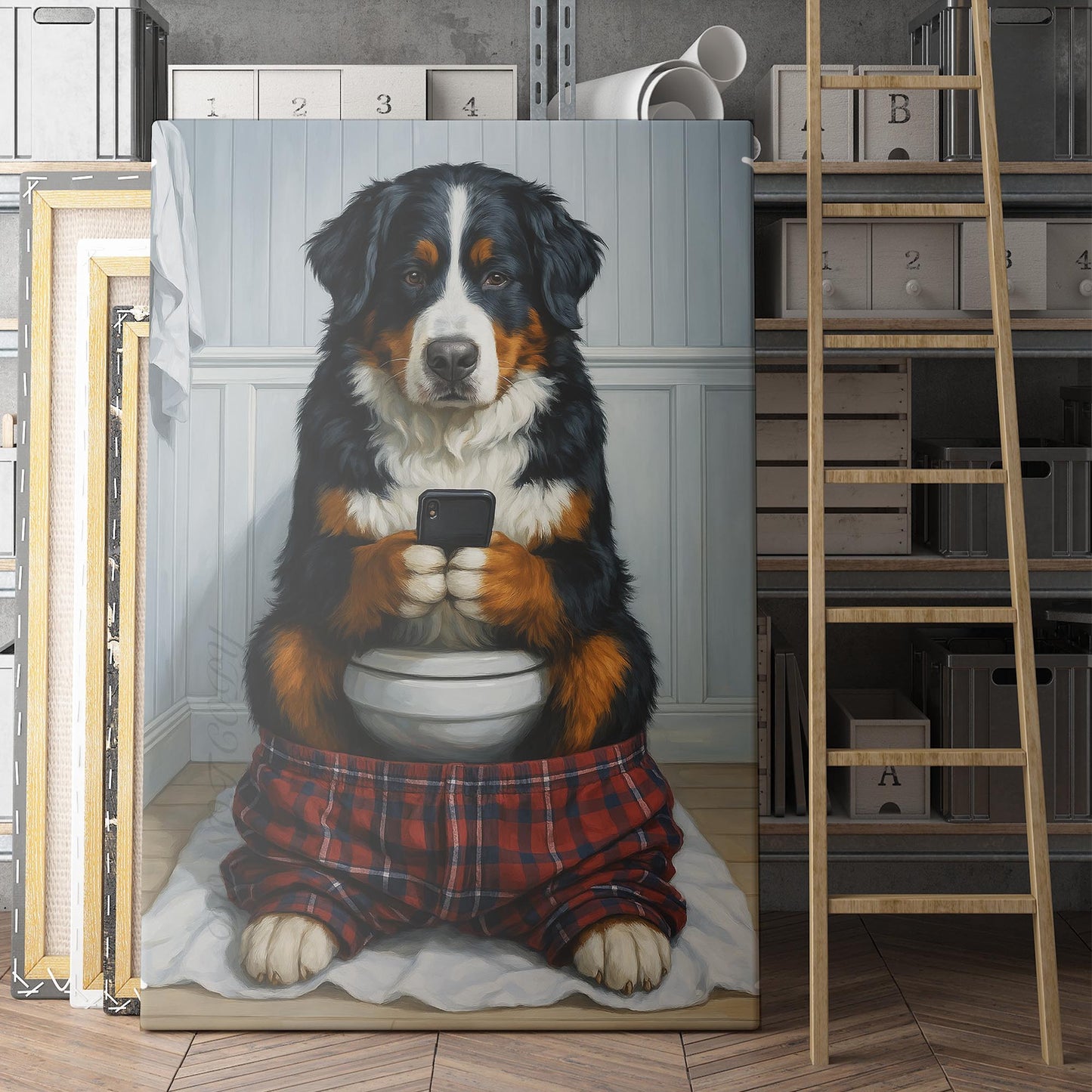 Bernese Mountain Dog On The Phone On The Toilet