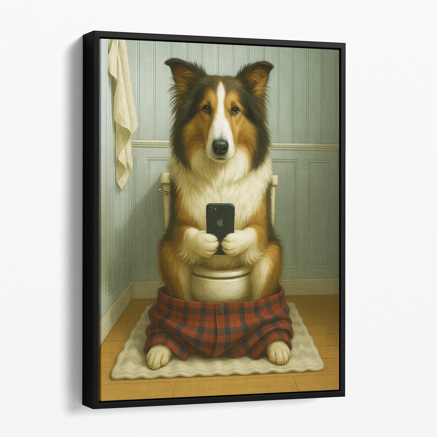 Collie Dog On The Phone On The Toilet