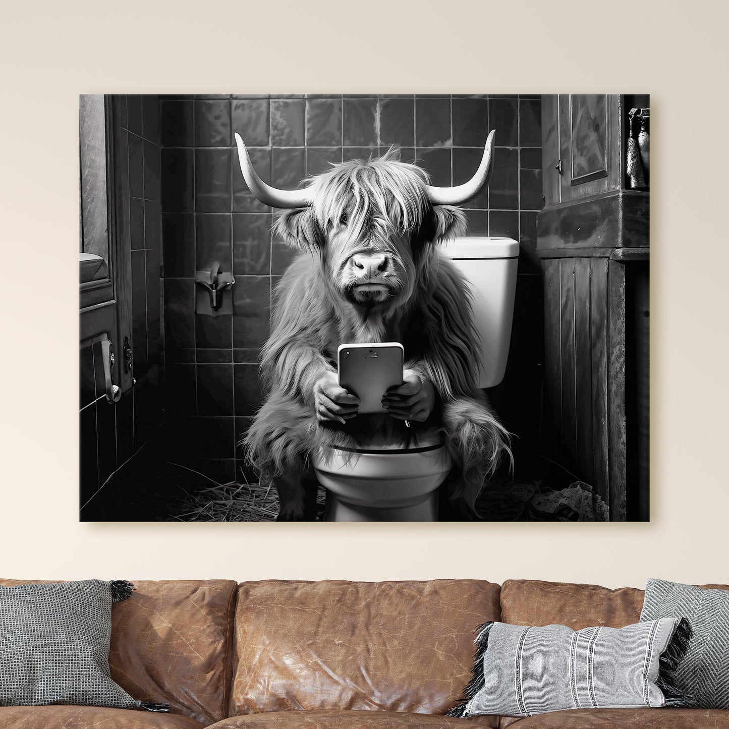 Highland Cow On The Toilet On The Phone