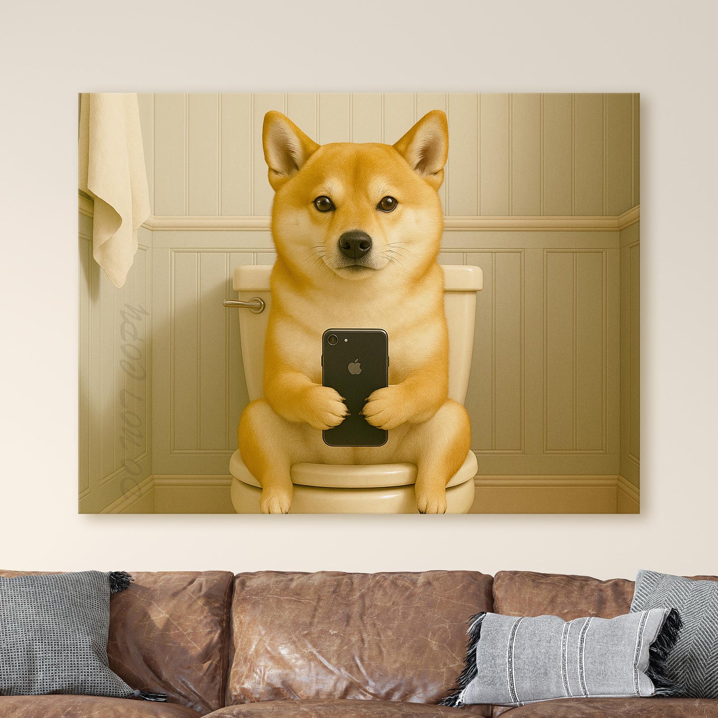 Shiba Inu Dog On The Phone On The Toilet