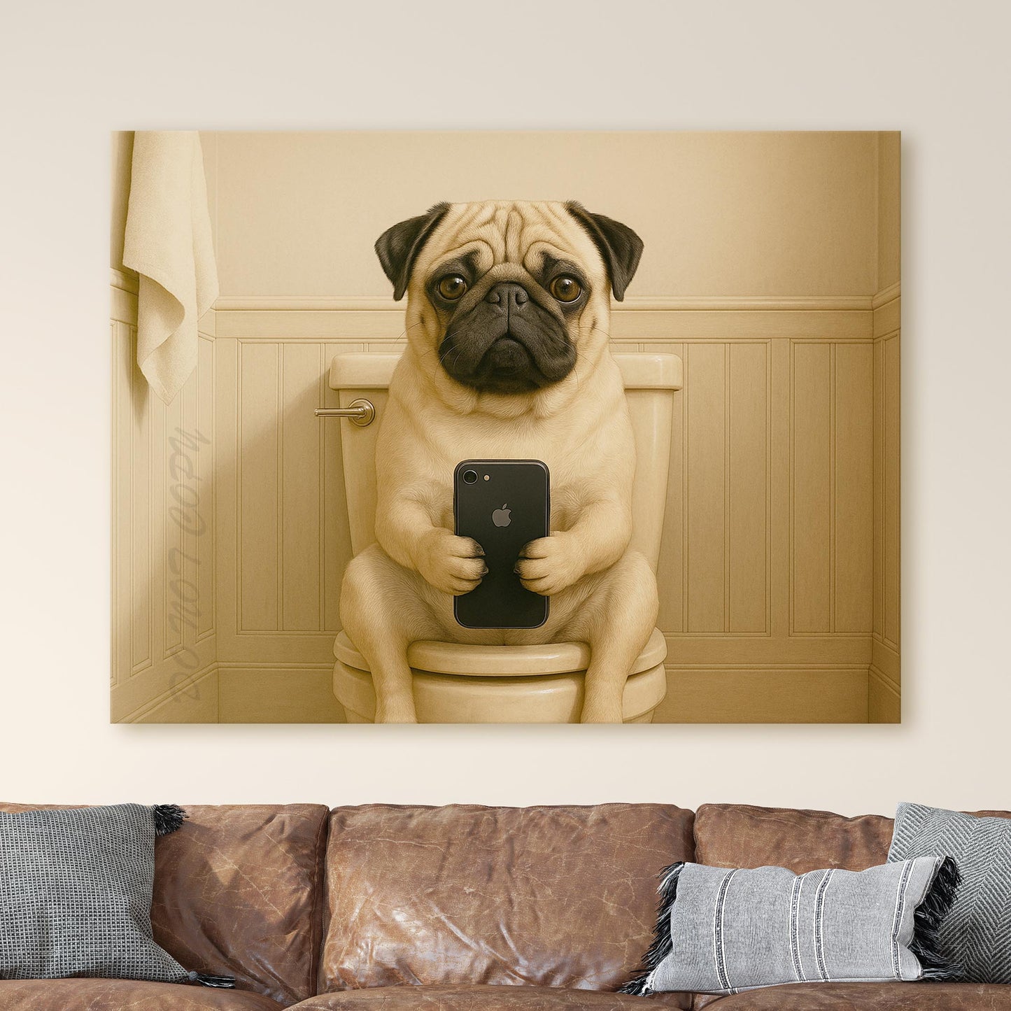 Pug Dog On The Phone On The Toilet