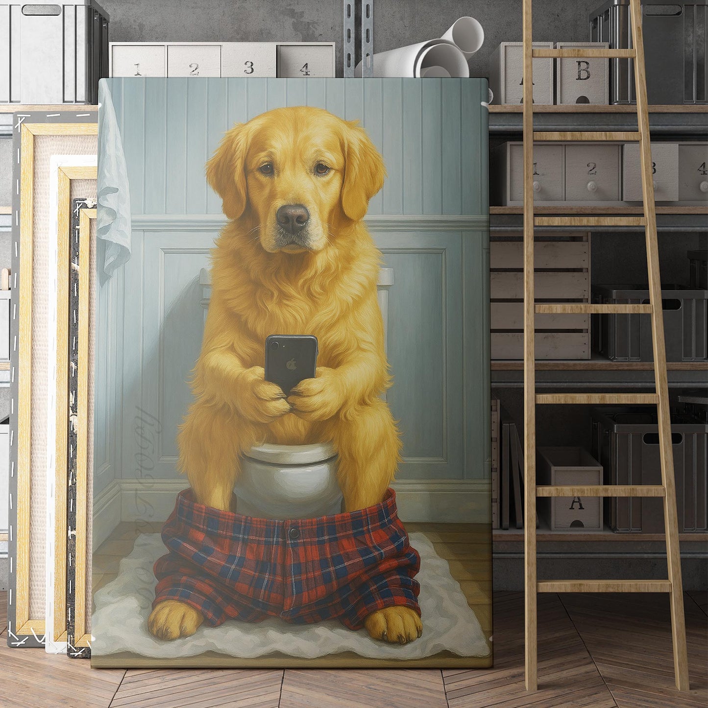 Golden Retriever On The Phone On The Toilet