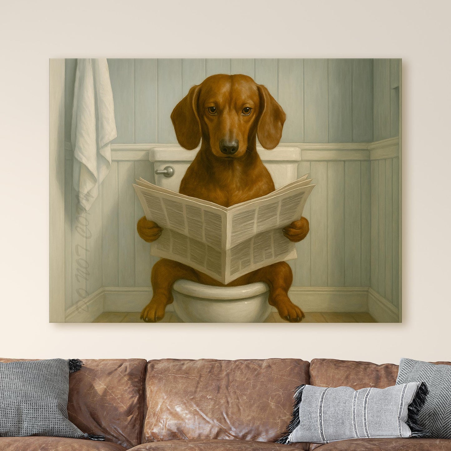 Dachshund Dog Reading The Newspaper On The Toilet