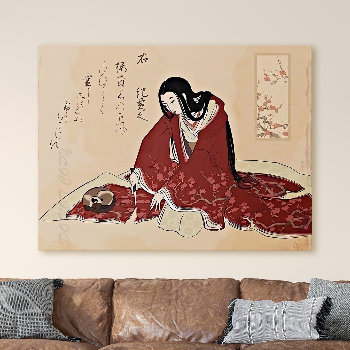 Japanese Woman Cutting Kimono With Cat