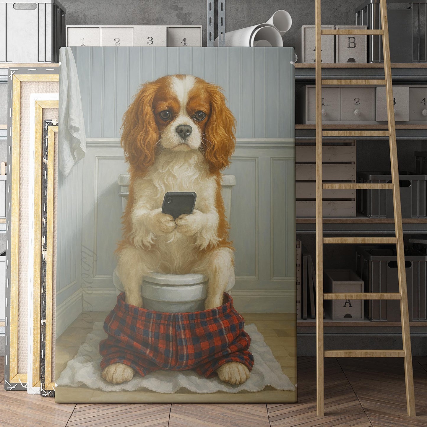 Cavalier King Charles On The Phone On The Toilet