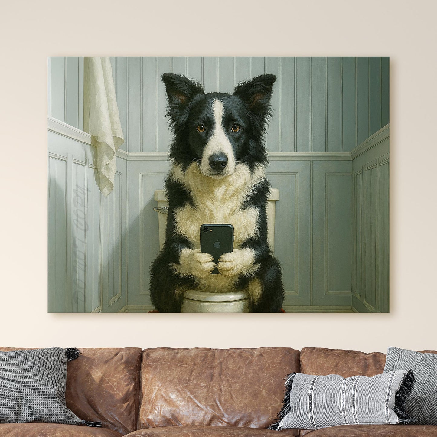 Border Collie Dog On The Phone On The Toilet