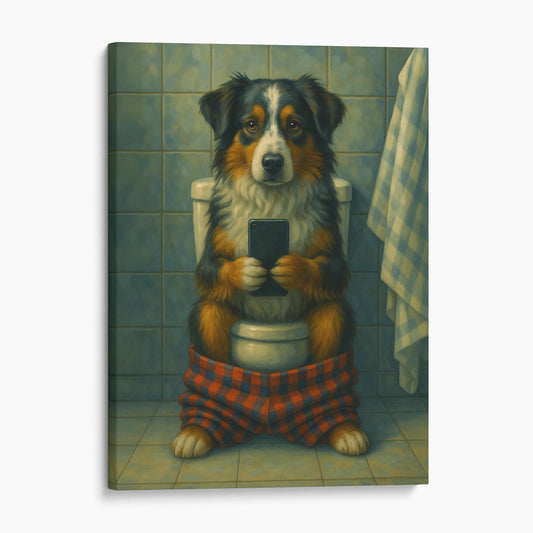 Australian Shepherd Dog On The Phone On The Toilet