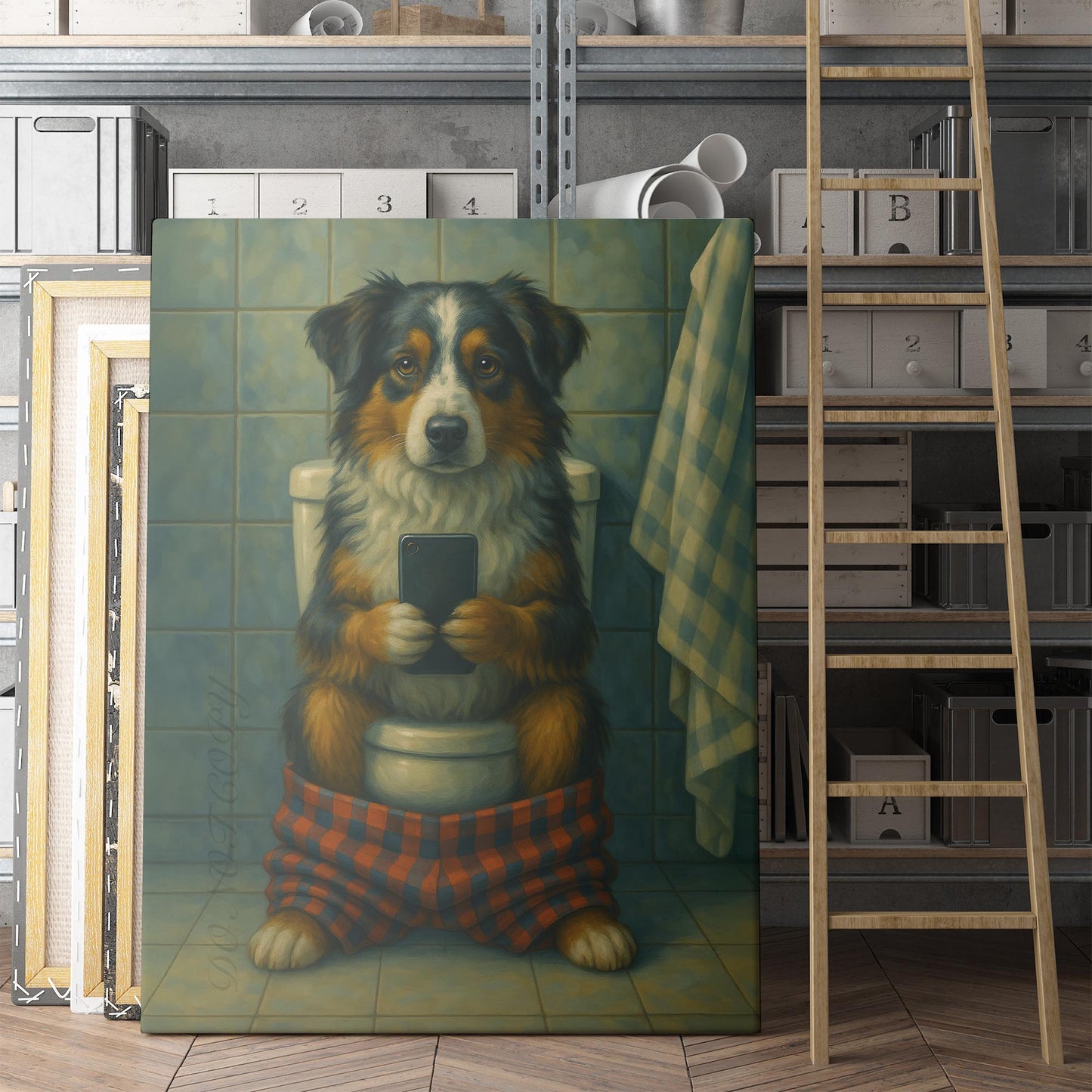 Australian Shepherd Dog On The Phone On The Toilet