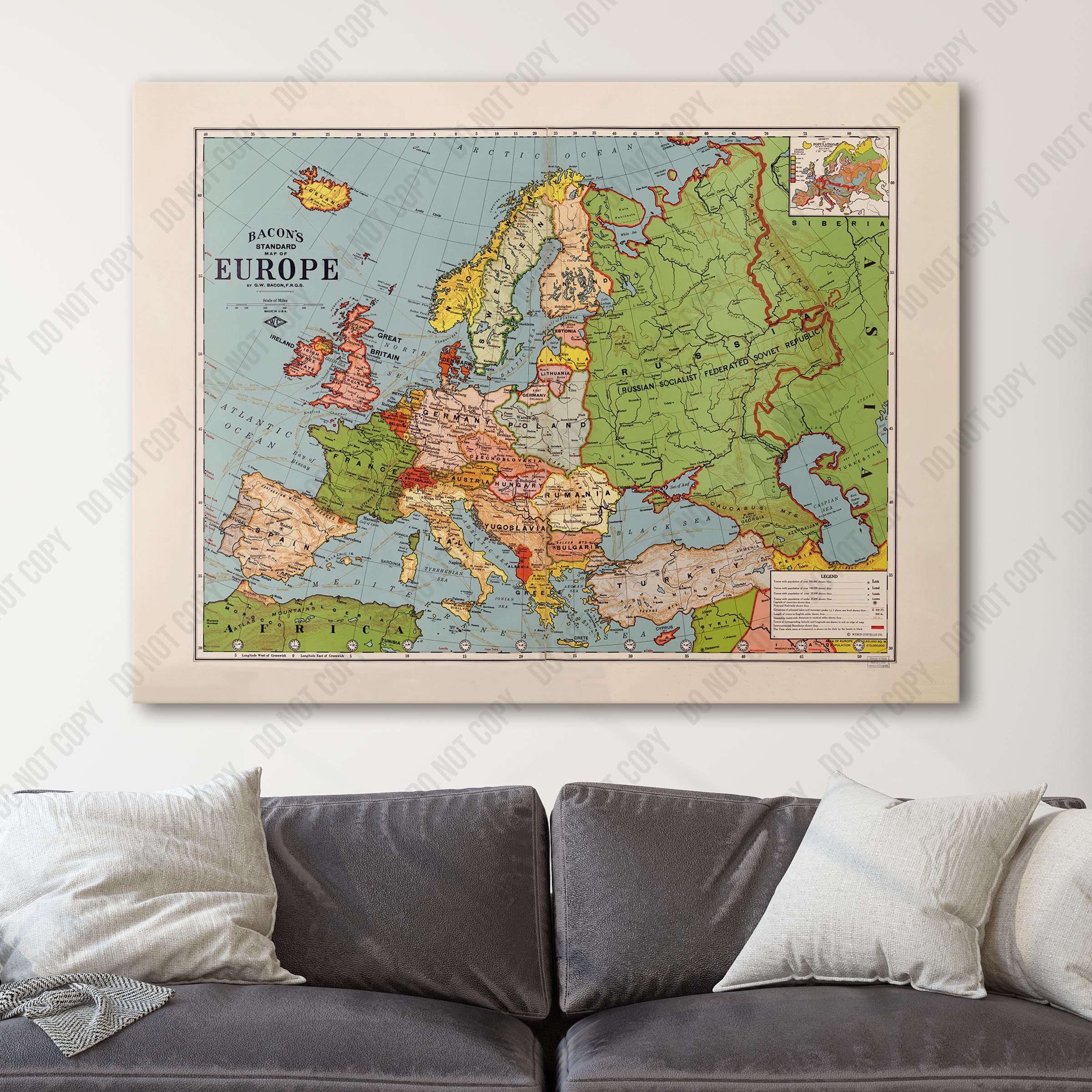 European Map 1925 Bacon's Standard Map of Europe 1925 Canvas Wall Art Prints – Big Canvas ...