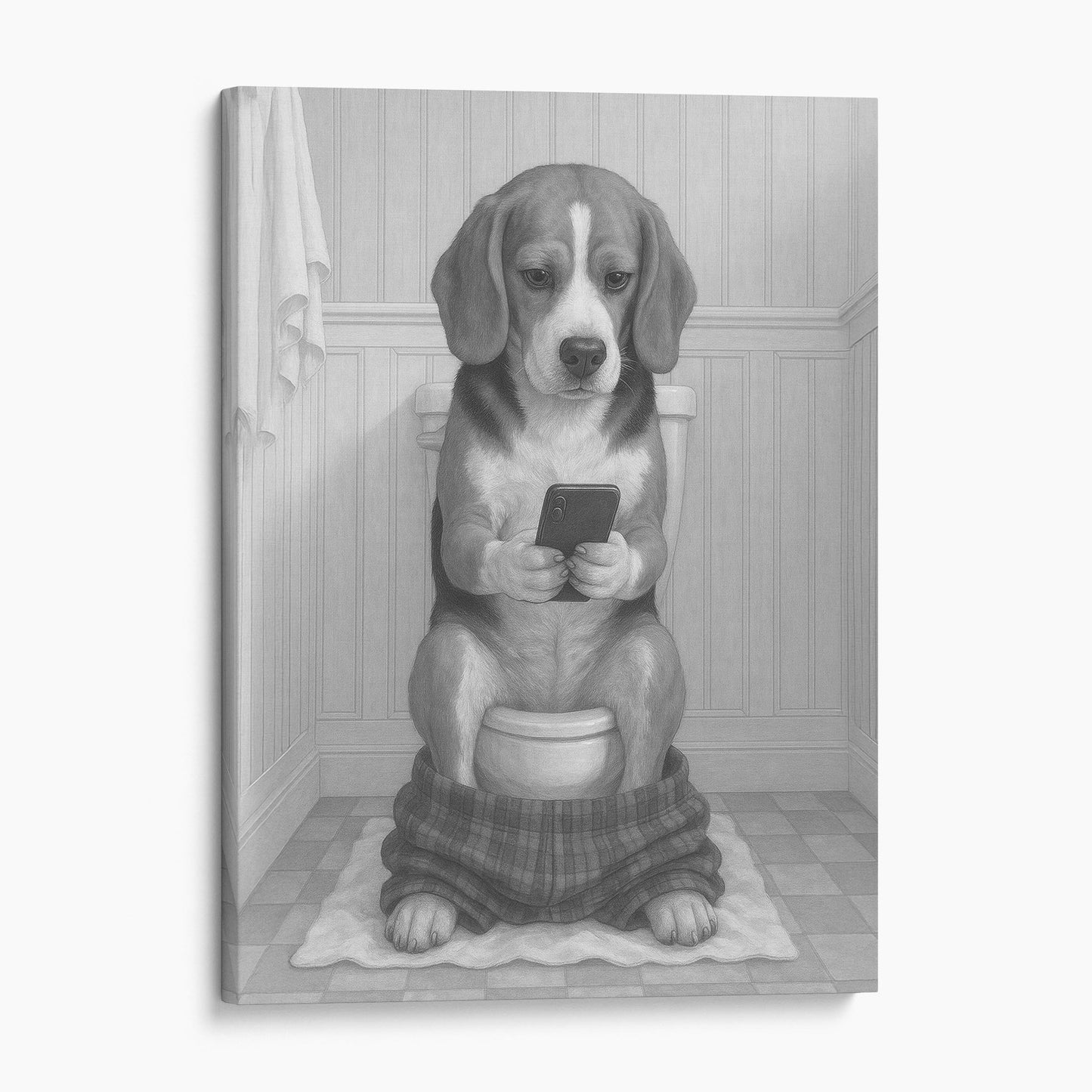Beagle Dog On The Phone On The Toilet