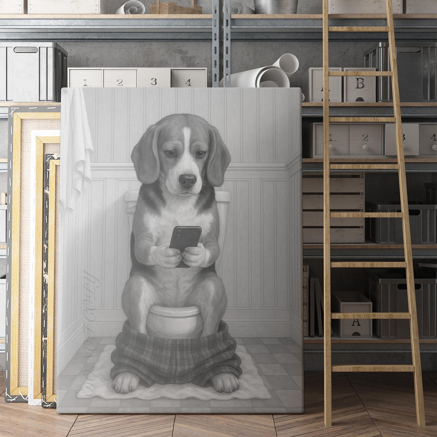 Beagle Dog On The Phone On The Toilet