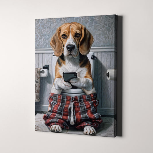 Beagle On Phone On The Toilet