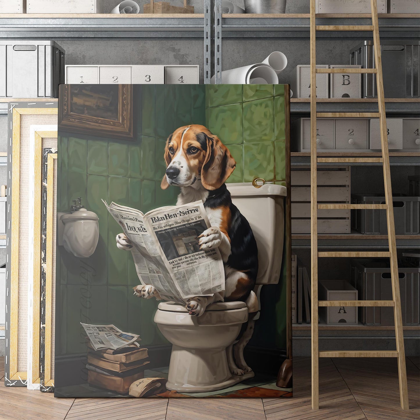 Beagle Reading A Newspaper On The Toilet