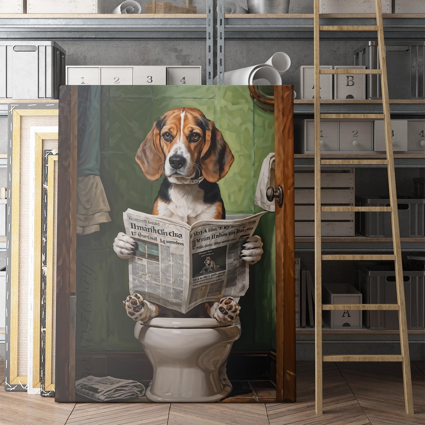 Beagle Reading The Newspaper On The Toilet