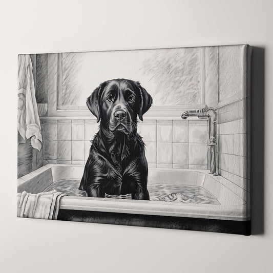 Black Labrador Retriever Taking Bath In Bathtub