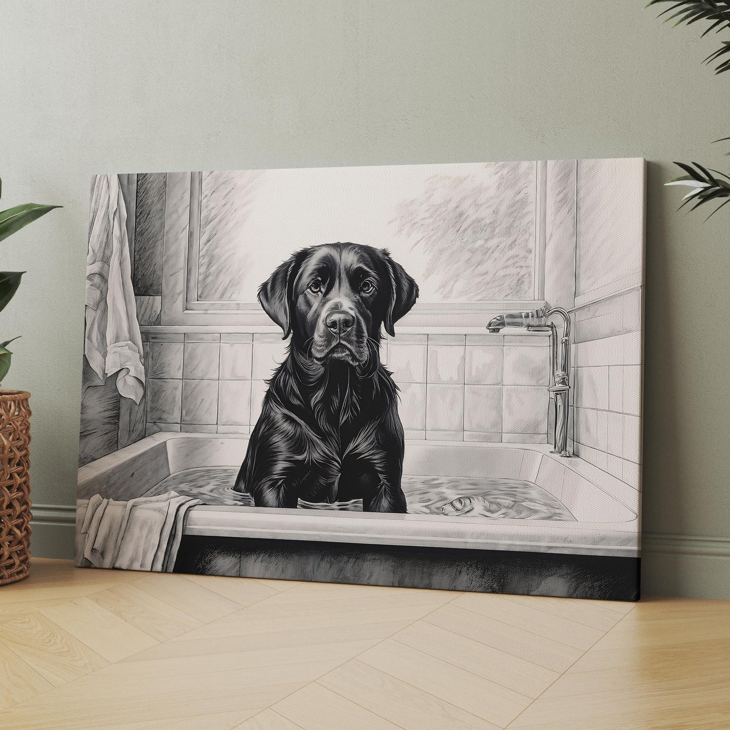 Black Labrador Retriever Taking Bath In Bathtub