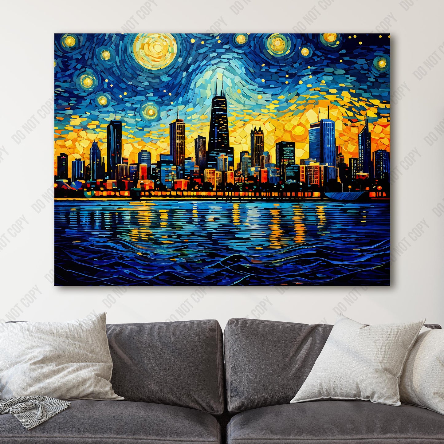 Chicago City Skyline as Van Gogh Starry Night