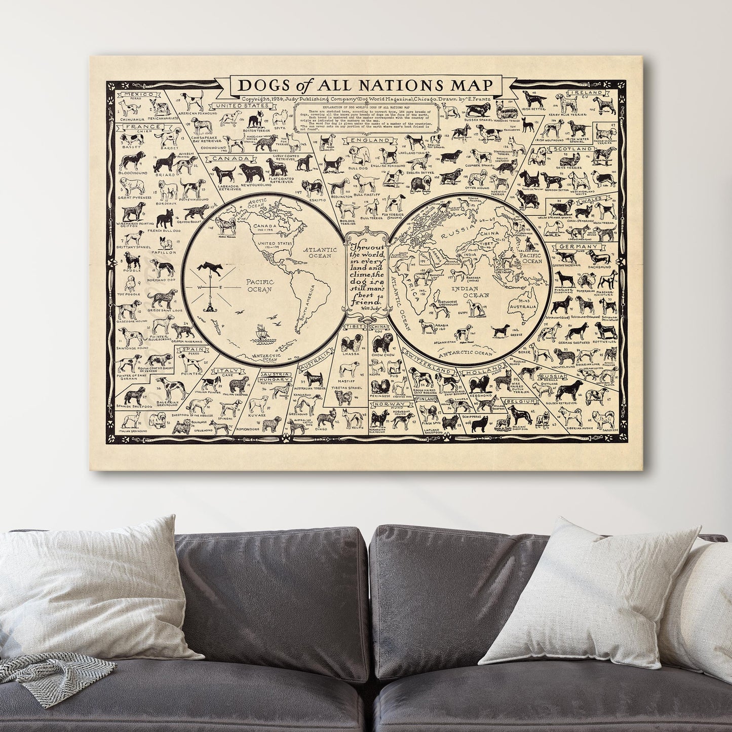 Dog Breeds of the World, 1935 Dogs of All Nations Map