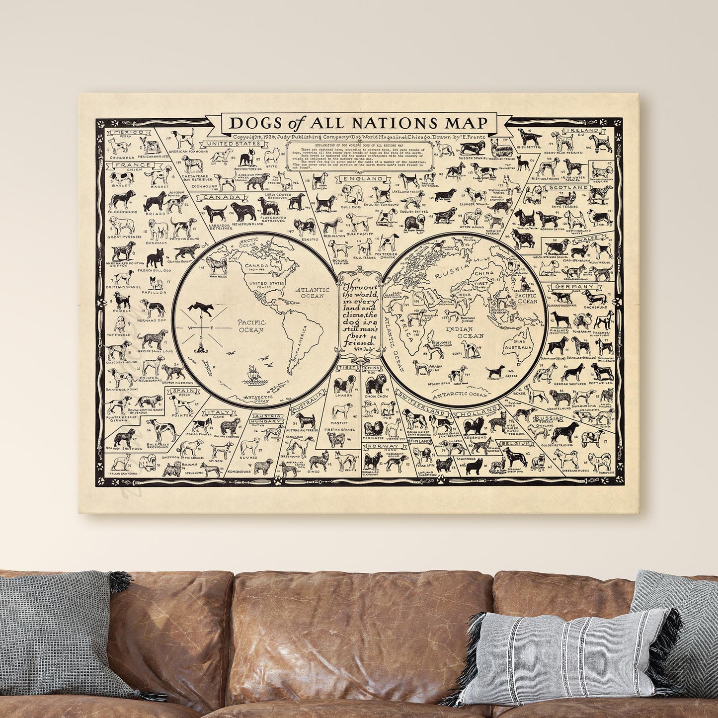 Dog Breeds of the World, 1935 Dogs of All Nations Map