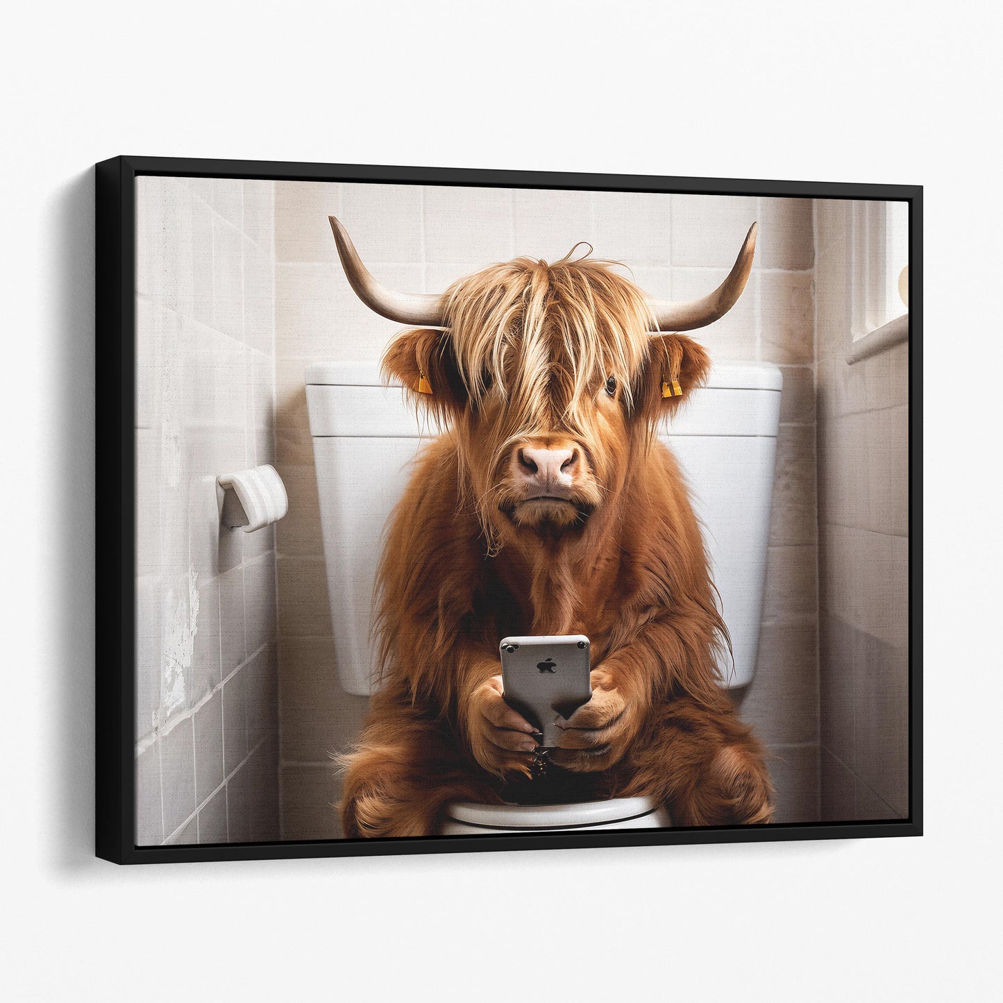 Highland Cow On The Phone On The Toilet