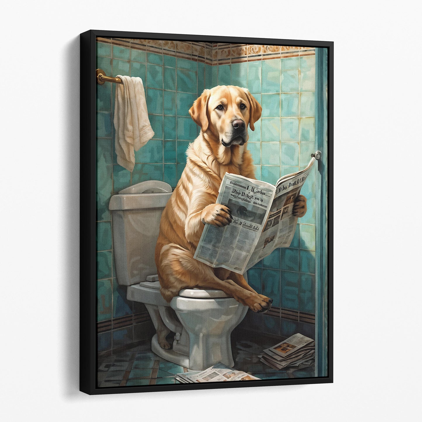 Labrador Retriever Reading The Newspaper On The Toilet