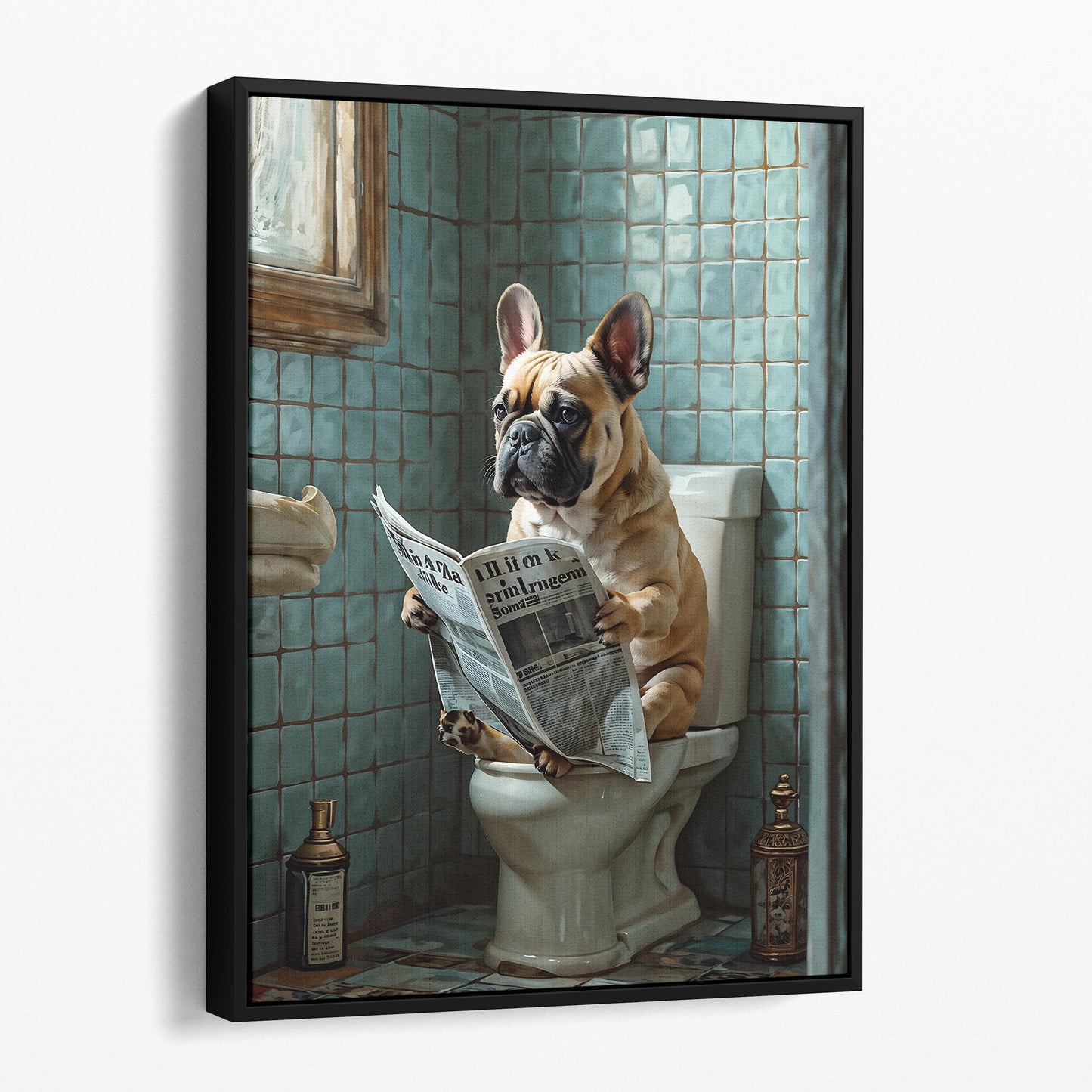 French Bulldog Reading The Newspaper On The Toilet