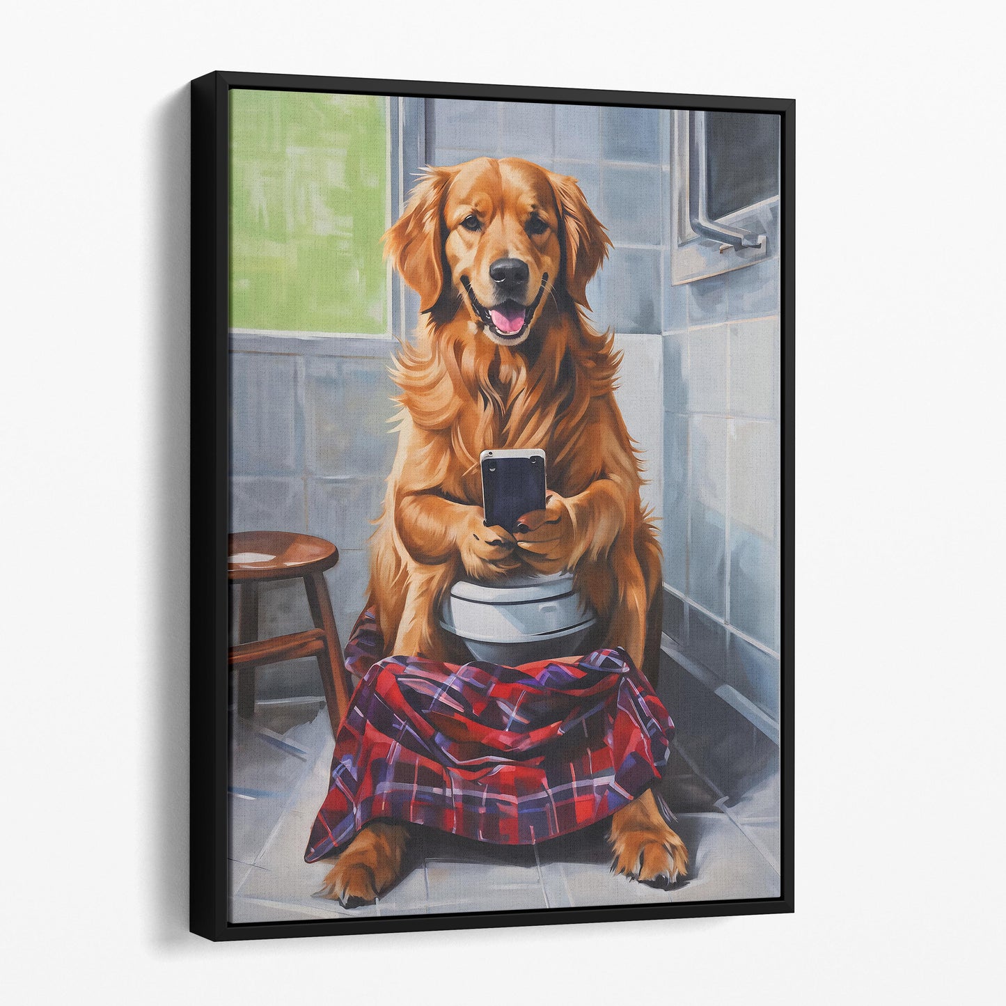 Golden Retriever On Phone On The Toilet