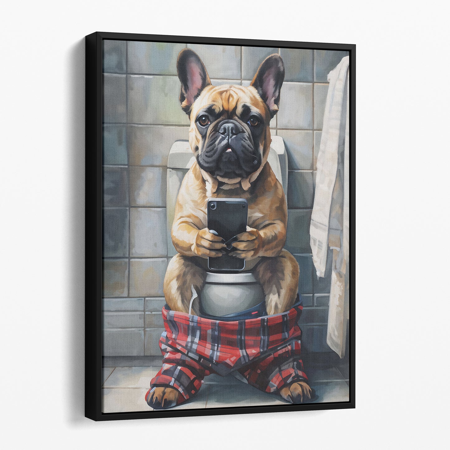 French Bulldog On Phone On The Toilet