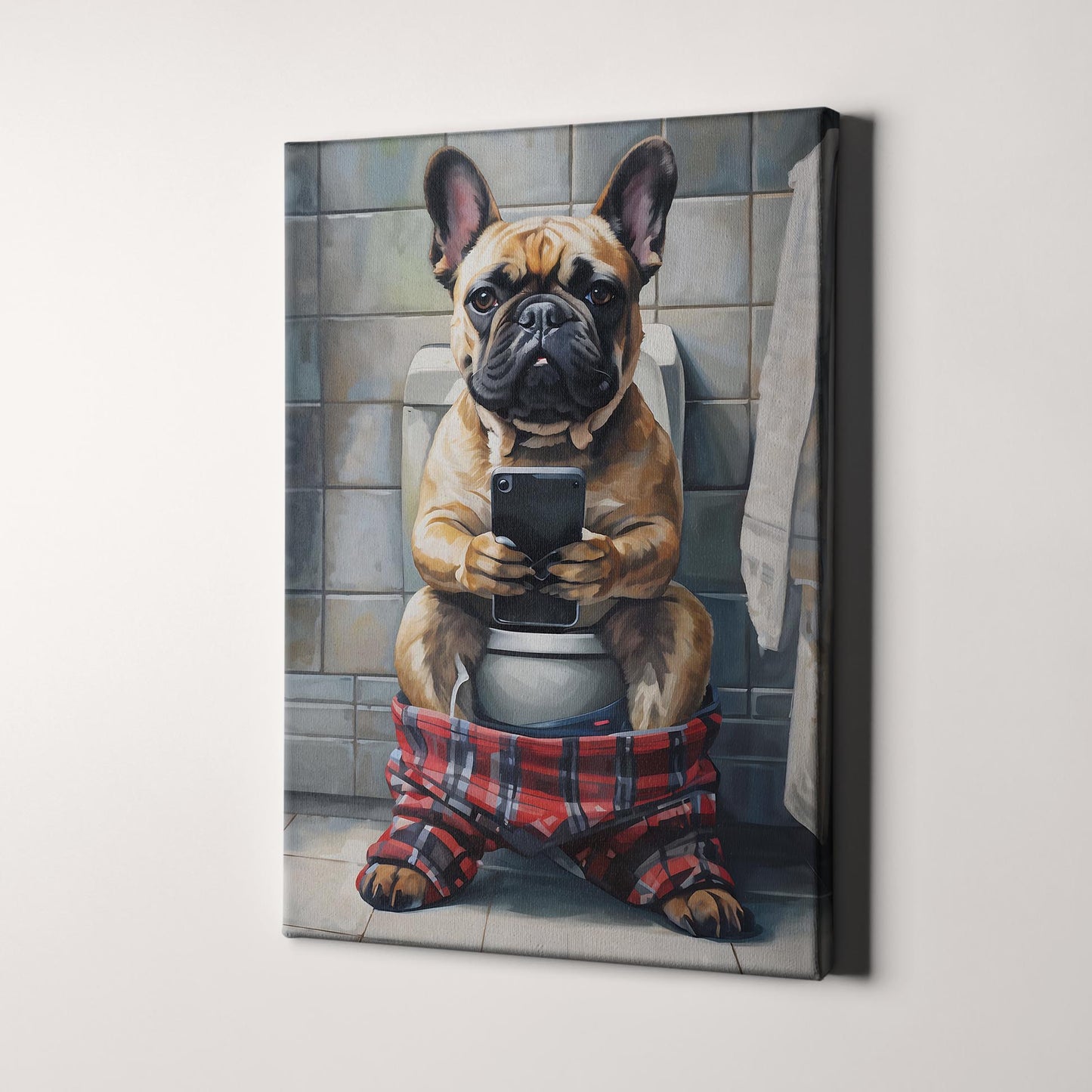 French Bulldog On Phone On The Toilet