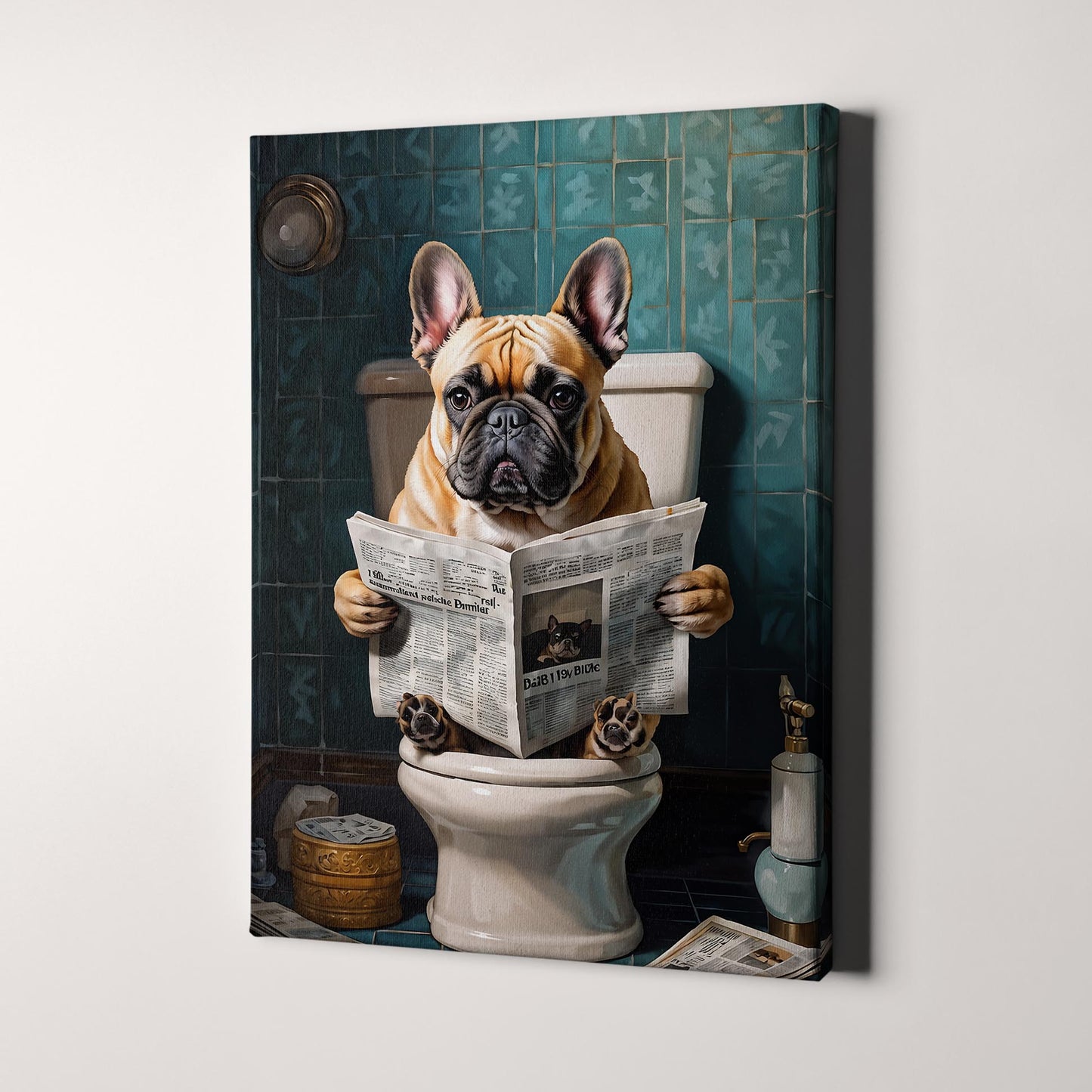 French Bulldog Reading A Newspaper On The Toilet