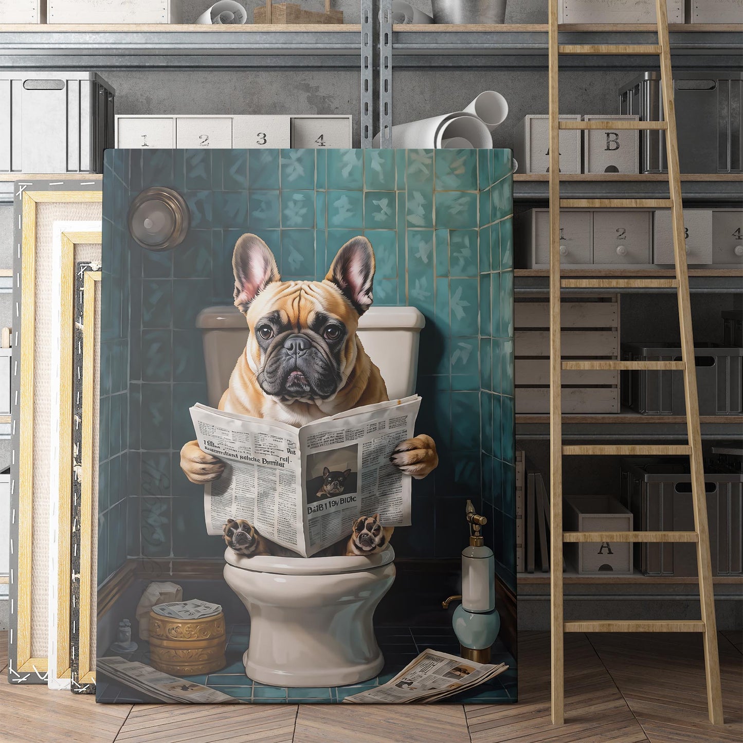 French Bulldog Reading A Newspaper On The Toilet