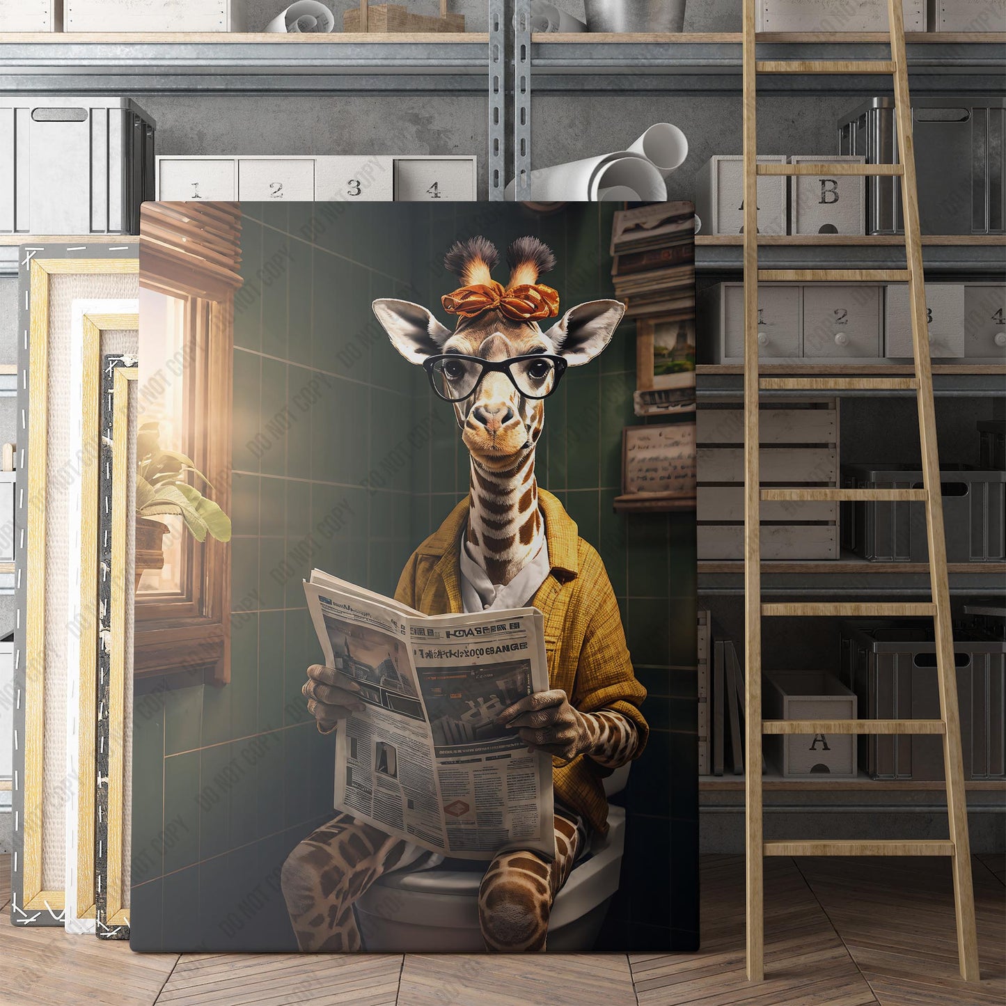 Giraffe Reading Newspaper On Toilet