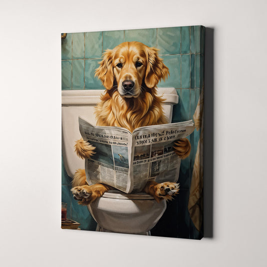 Golden Retriever Reading A Newspaper On The Toilet