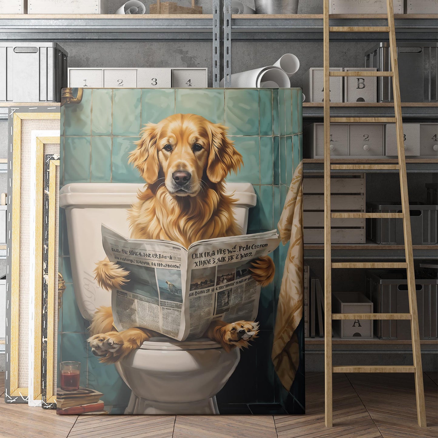 Golden Retriever Reading A Newspaper On The Toilet