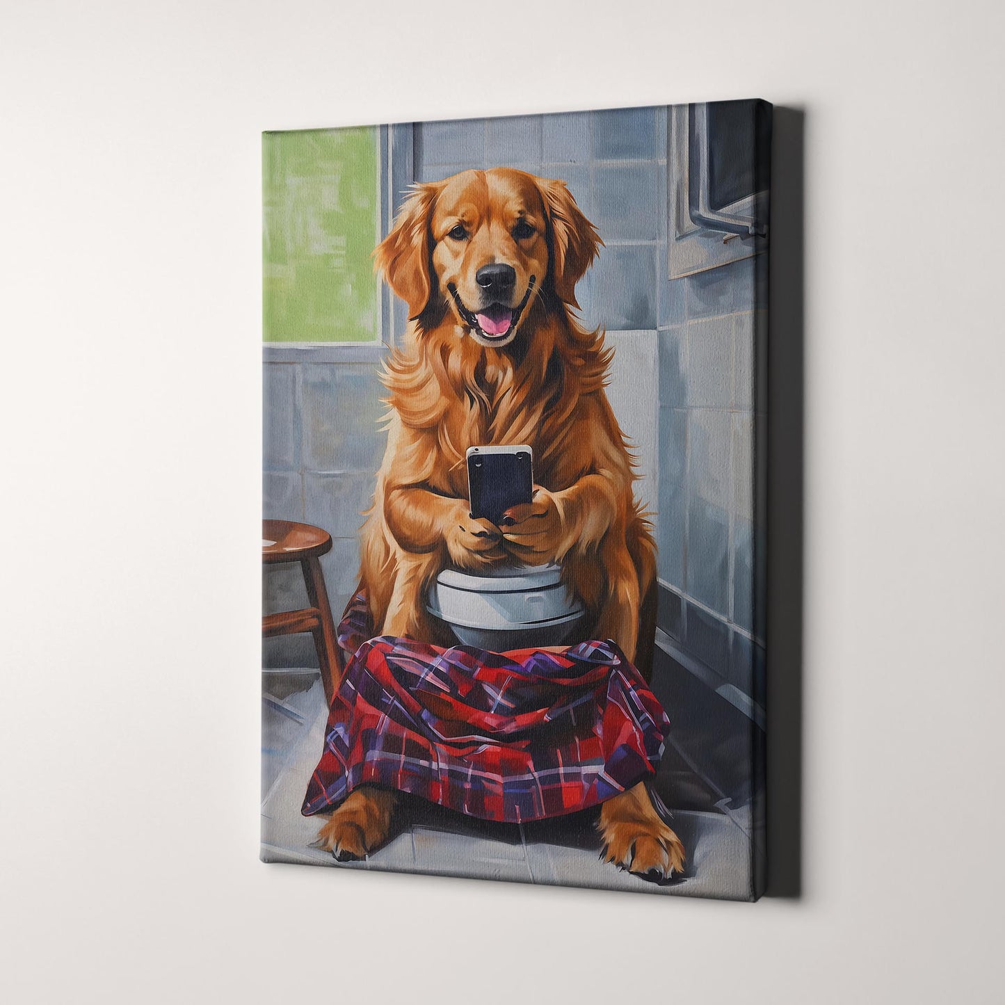 Golden Retriever On Phone On The Toilet