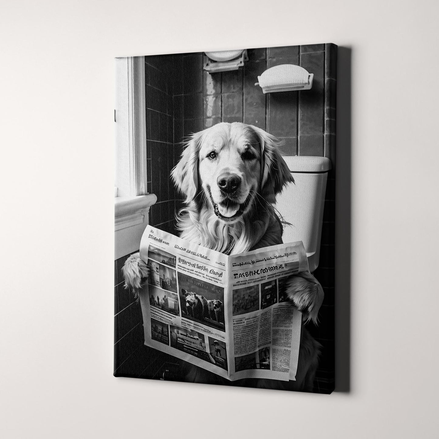 Golden Retriever Reading Newspaper On Toilet