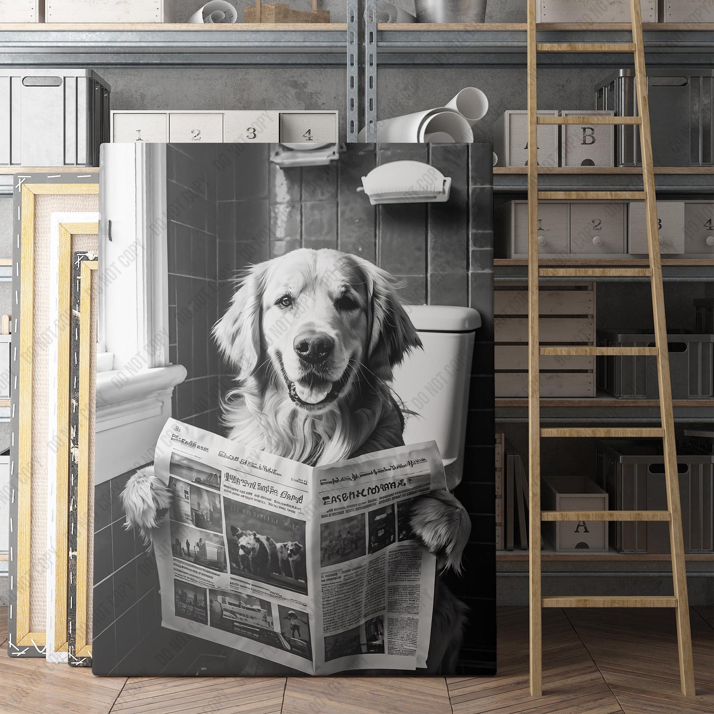 Golden Retriever Reading Newspaper On Toilet