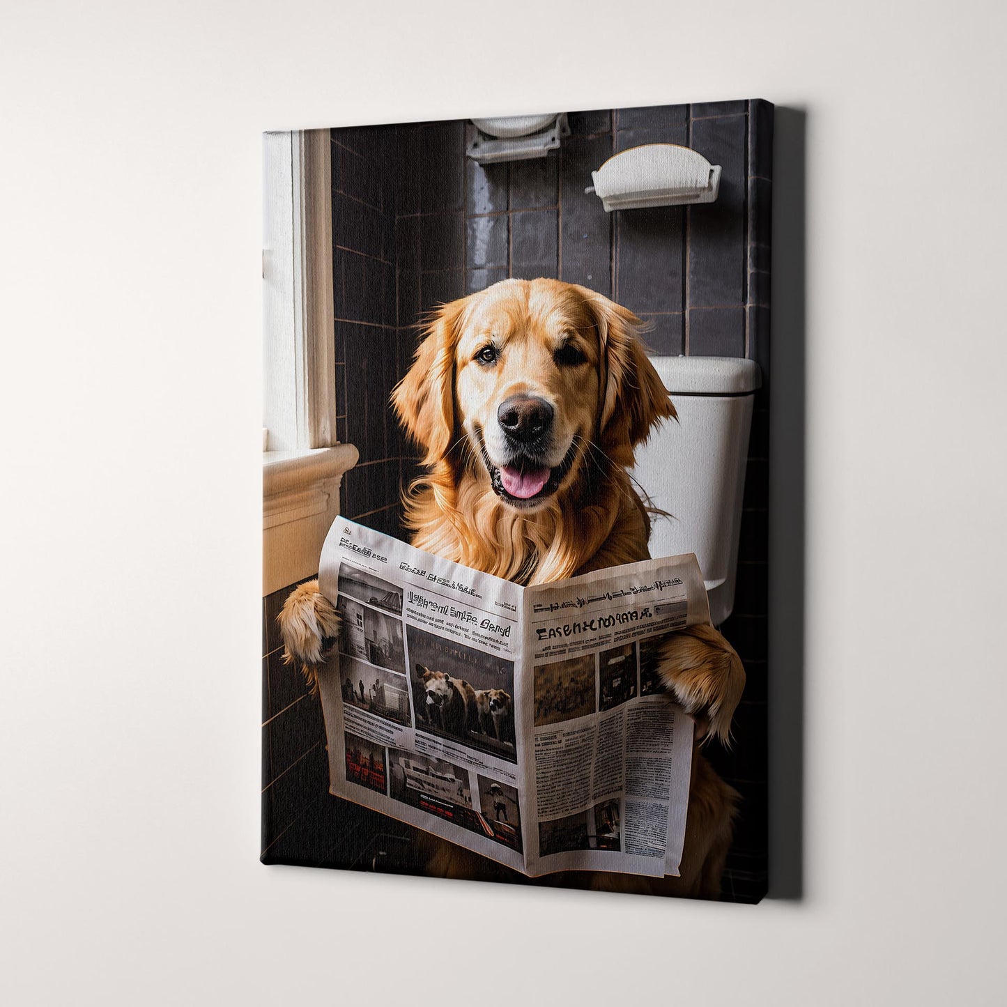 Golden Retriever Reading The Newspaper On The Toilet