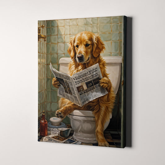 Golden Retriever Reading The Newspaper On The Toilet