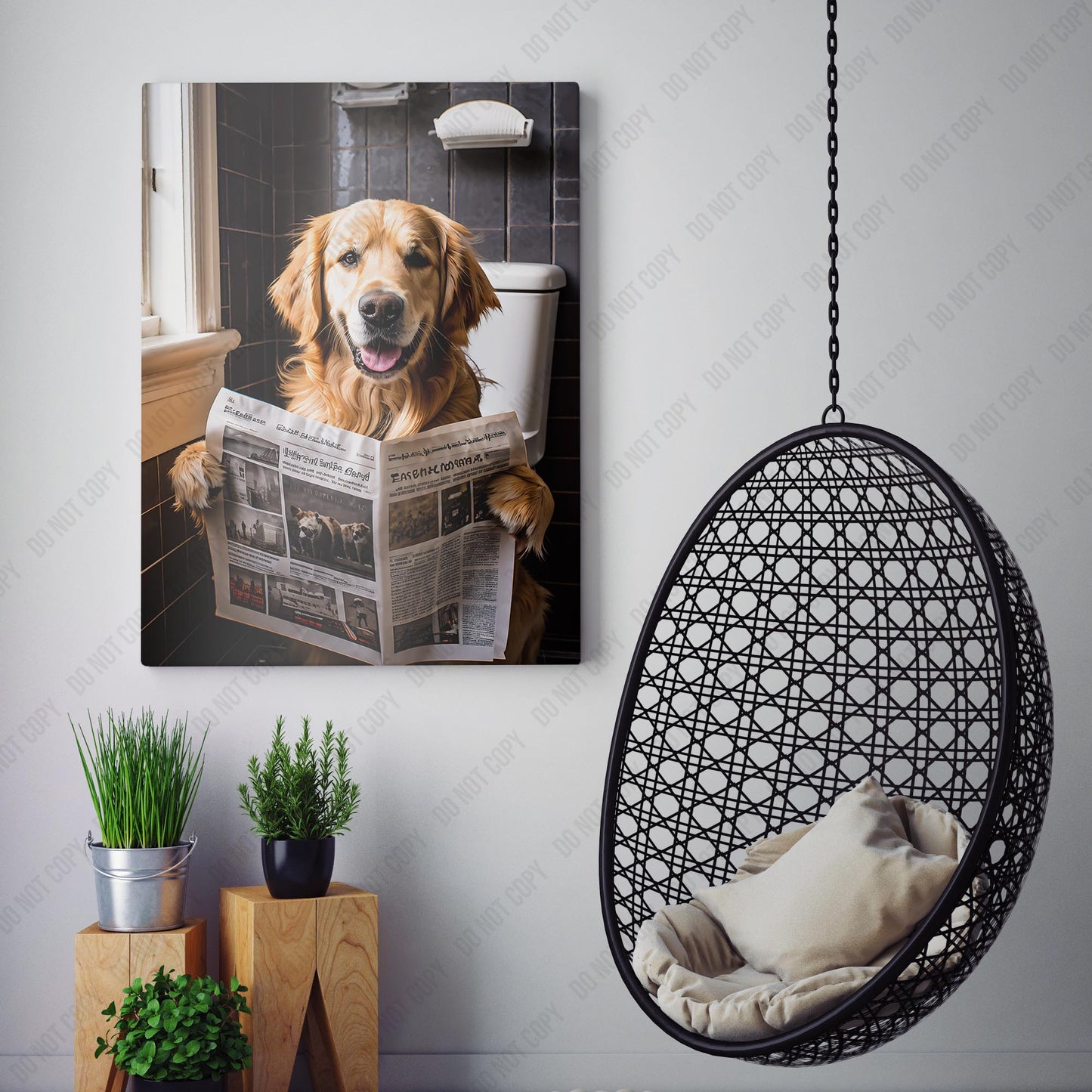 Golden Retriever Reading The Newspaper On The Toilet