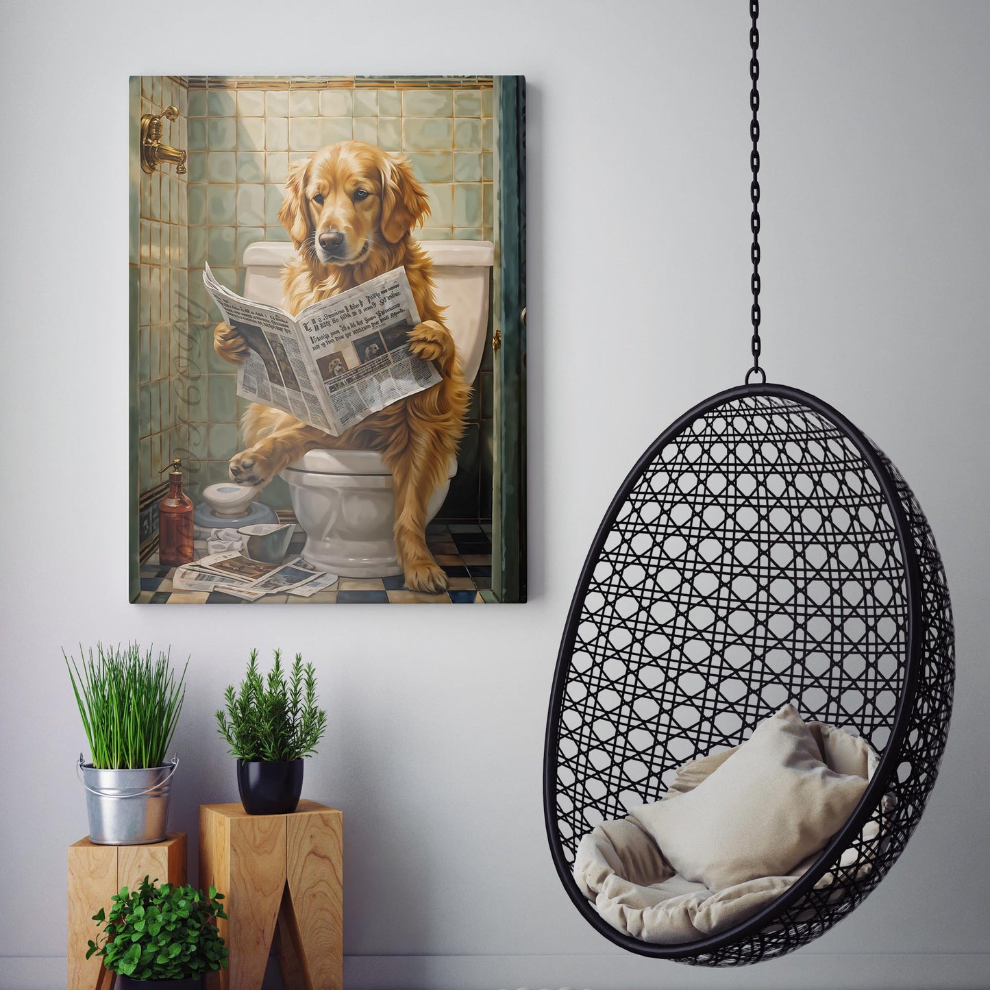 Golden Retriever Reading The Newspaper On The Toilet