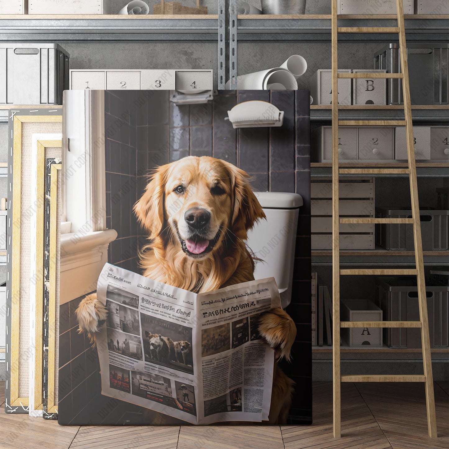 Golden Retriever Reading The Newspaper On The Toilet