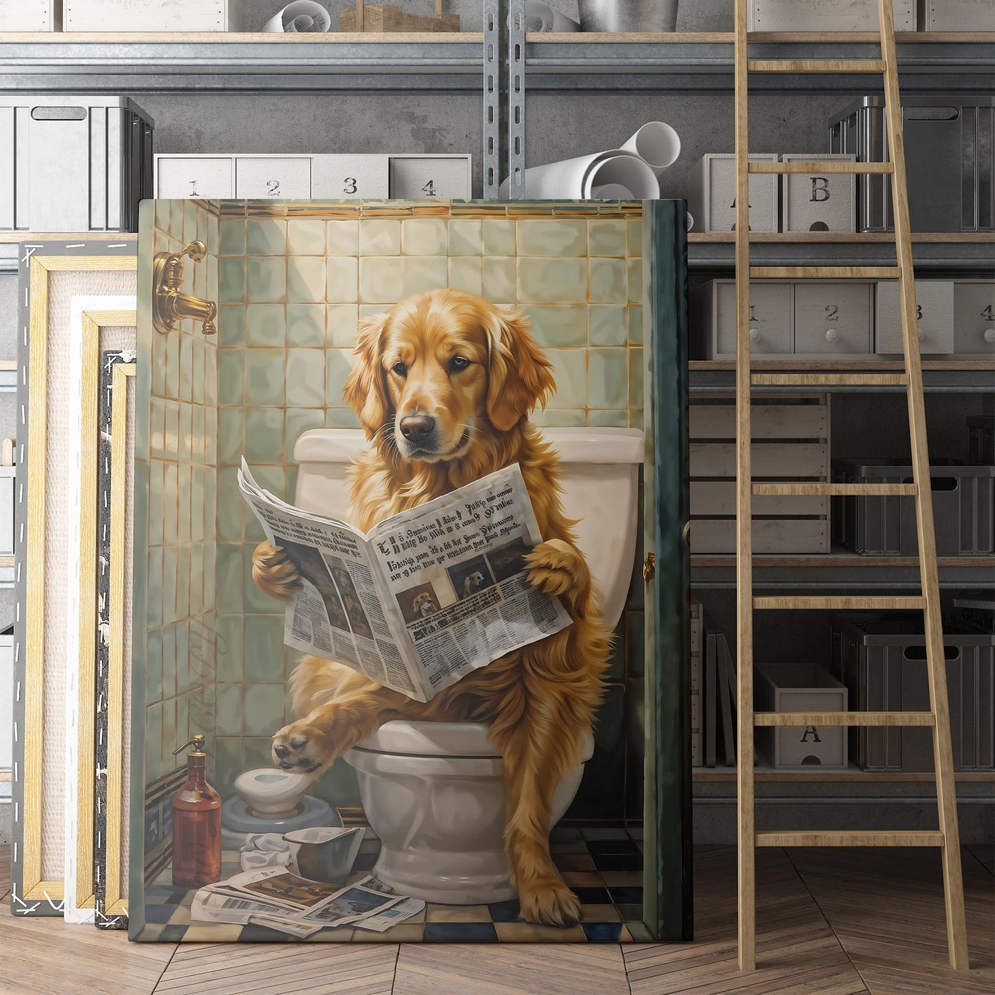 Golden Retriever Reading The Newspaper On The Toilet