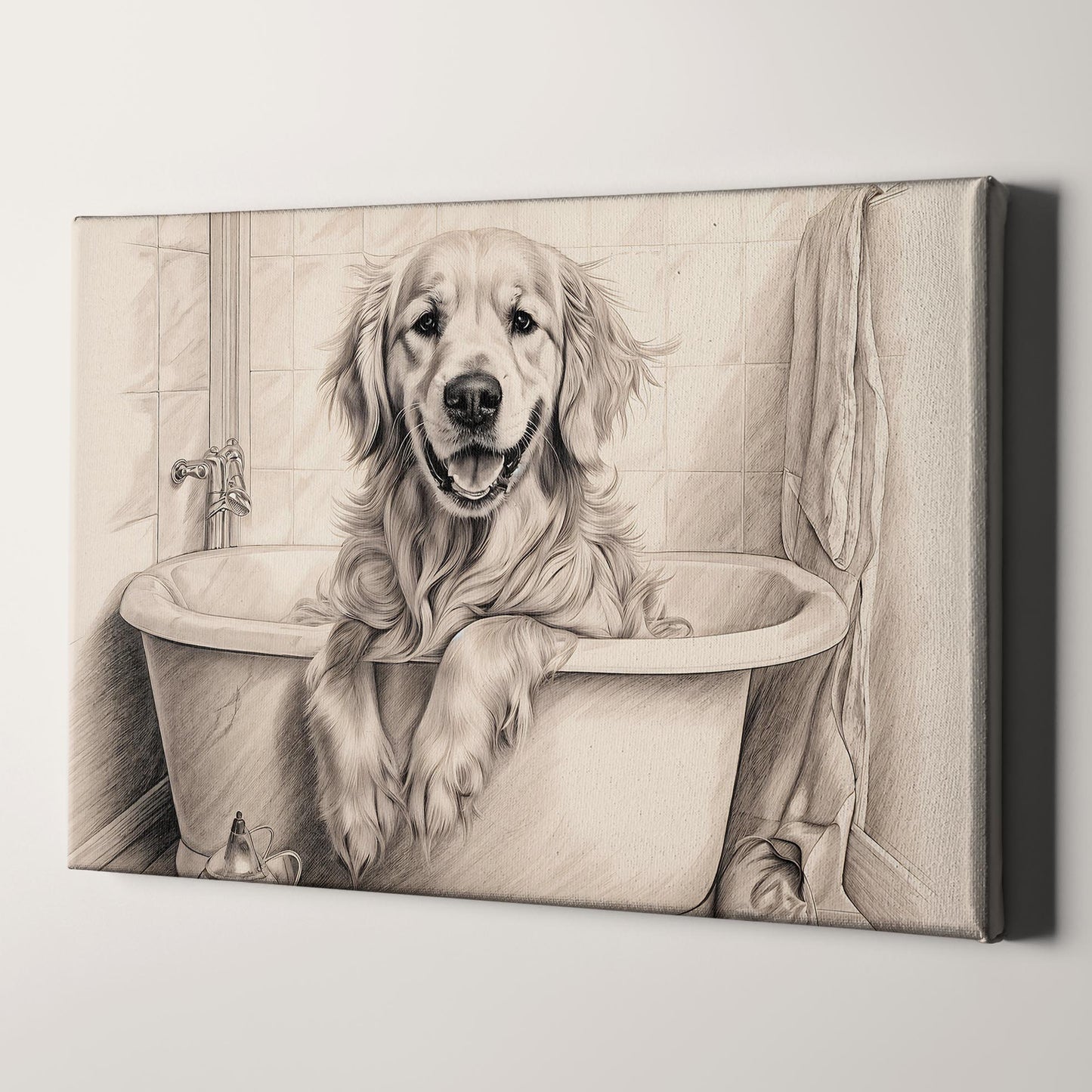 Golden Retriever Taking Bath In Bathtub