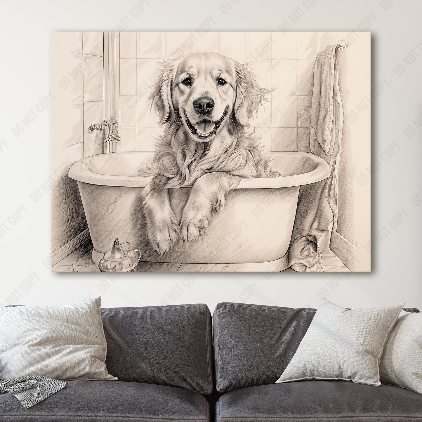 Golden Retriever Taking Bath In Bathtub